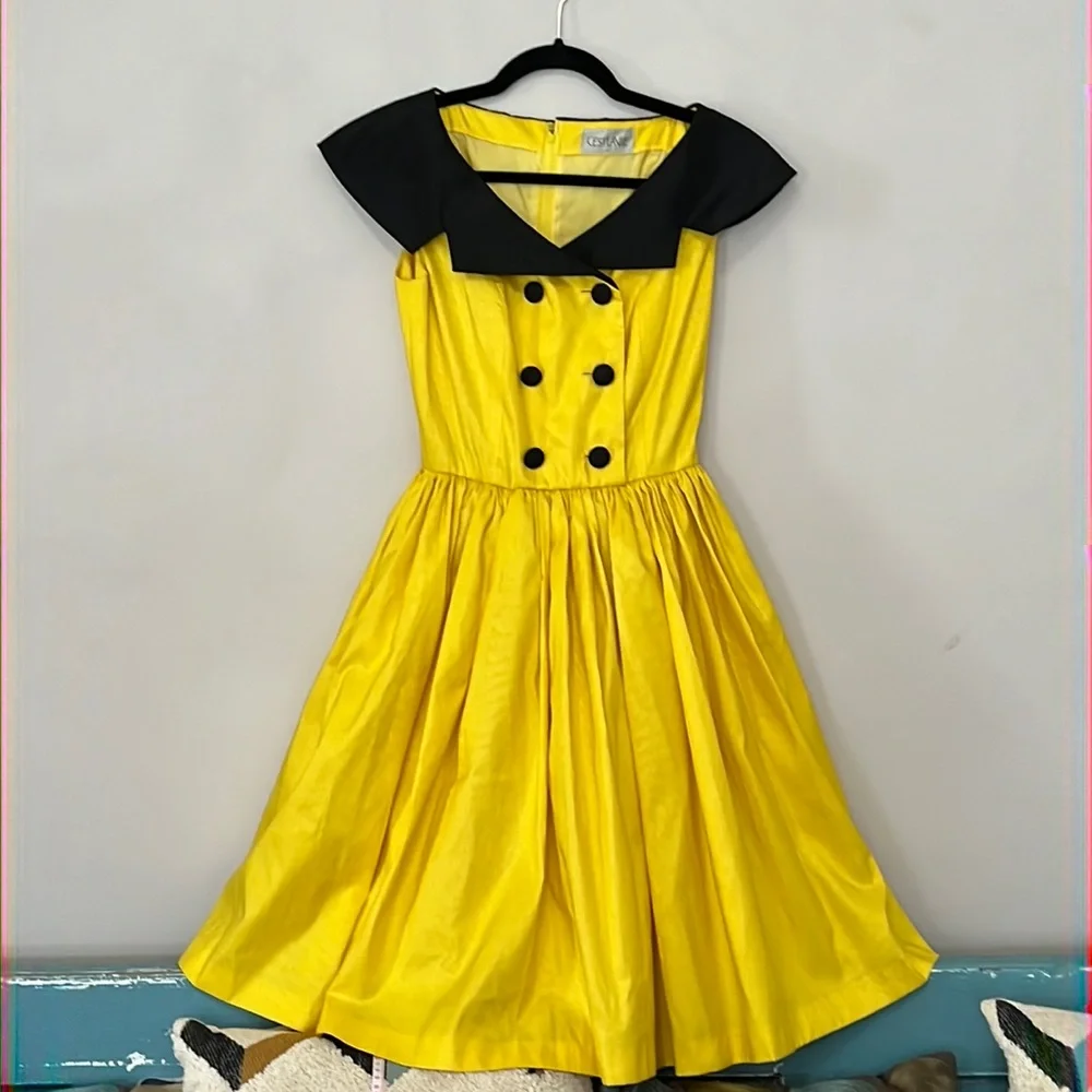 Vintage Sailor Dress Rockabilly A Line Yellow & Black Tulle Underskirt Lined - Picture 2 of 14